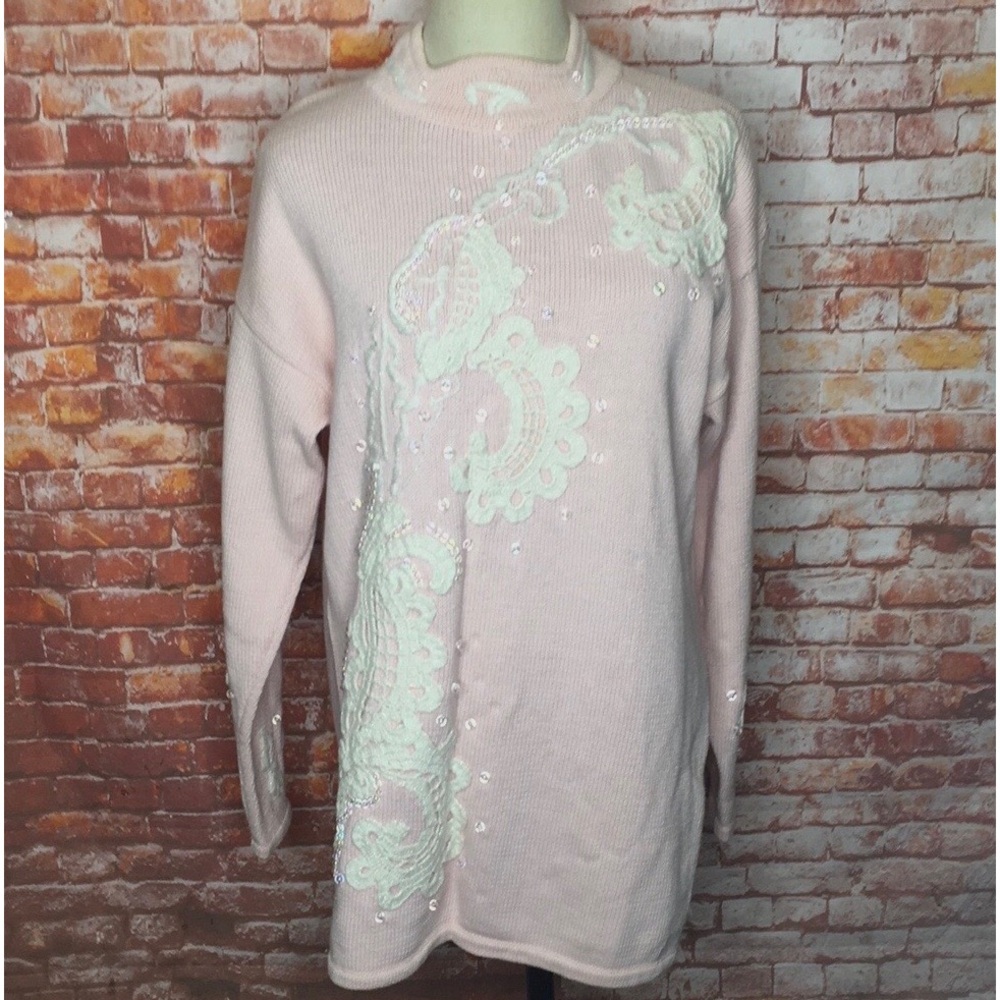 Vintage Marisa Christina Baby Pink Granny core Pearls and Lace Pullover Sweater